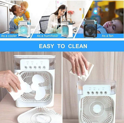 Multi-Function Portable Desktop Air Cooler Fan with LED Lighting, Adjustable Speed, and Built-in Humidifier Mist