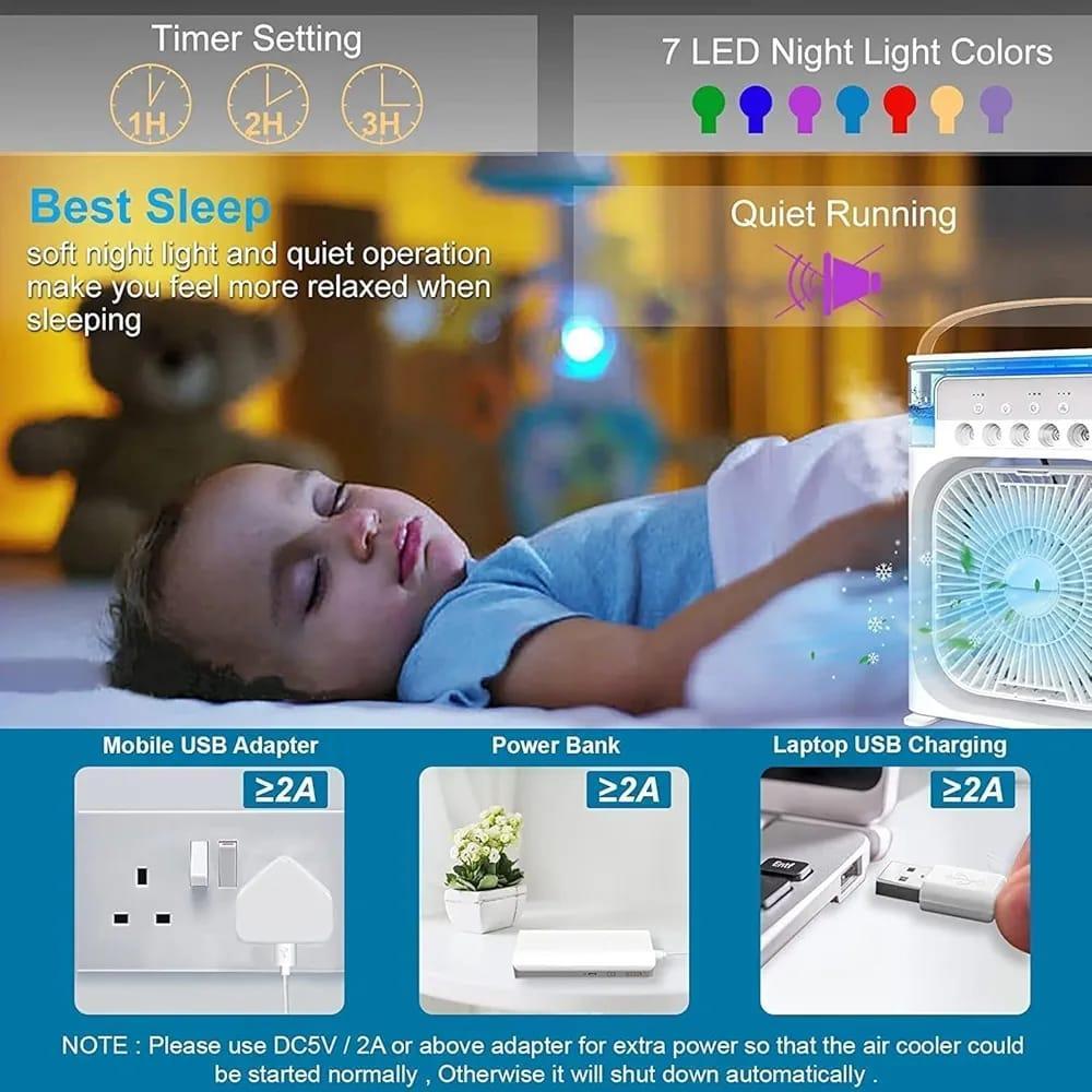 Multi-Function Portable Desktop Air Cooler Fan with LED Lighting, Adjustable Speed, and Built-in Humidifier Mist