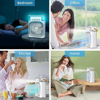 Multi-Function Portable Desktop Air Cooler Fan with LED Lighting, Adjustable Speed, and Built-in Humidifier Mist